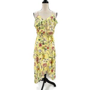 Parker Yellow Silk Floral Midi Dress Strappy Ruffle Womens M